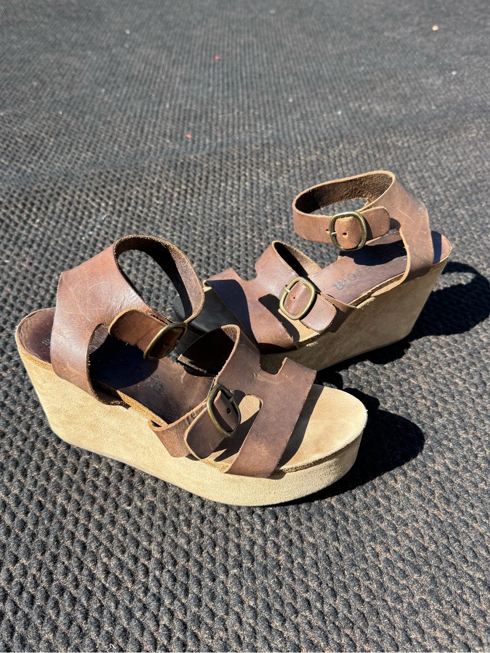 Pedro Garcia High Heel Wedges Sandals Size 37 or 6.5 7 US Brown Buckle Strap